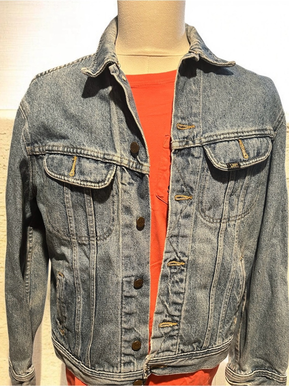 Lee Light Blue Denim Jacket with Red Shirt Accent